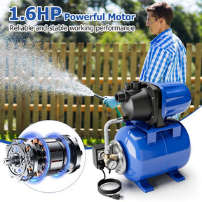 1200W 1.6HP Shallow Well Pump with Pressure Tank, 1000GPH Booster Water Pump Garden Farm Irrigation Jet Pump