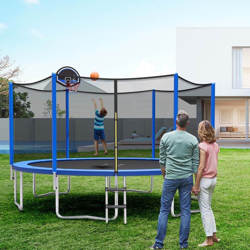 12/14/15/16 FT ASTM Approved Outdoor Recreational Trampoline with Basketball Hoop & External Enclosure Net