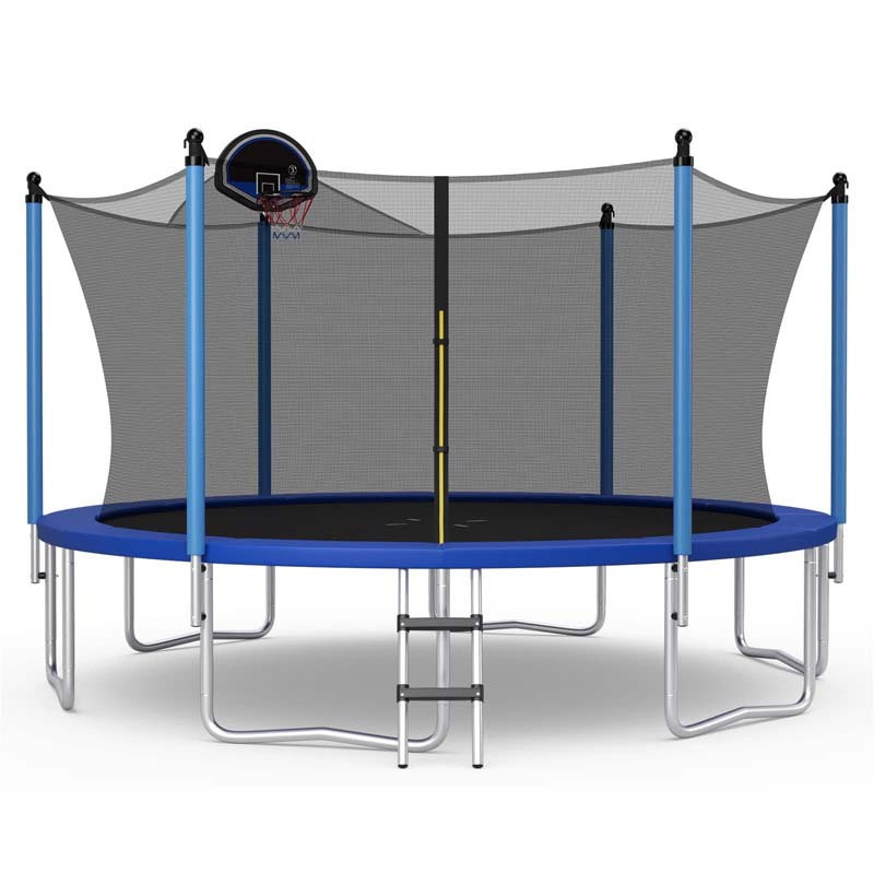 12/14/15/16 FT ASTM Approved Outdoor Recreational Trampoline with Basketball Hoop & Internal Enclosure Net