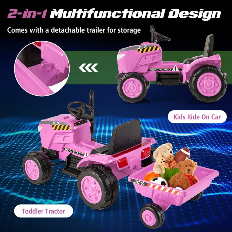 2-in-1 Kids Ride On Tractor, 12V Battery Powered Electric Toy Car with Trailer, LED Lights, Music, 3-Gear-Shift Ground Loader