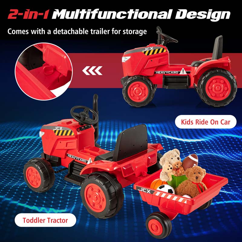 2-in-1 Kids Ride On Tractor, 12V Battery Powered Electric Toy Car with Trailer, LED Lights, Music, 3-Gear-Shift Ground Loader