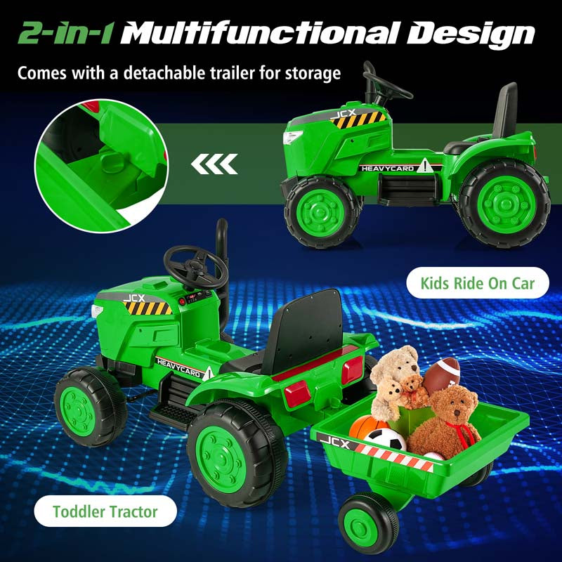 2-in-1 Kids Ride On Tractor, 12V Battery Powered Electric Toy Car with Trailer, LED Lights, Music, 3-Gear-Shift Ground Loader
