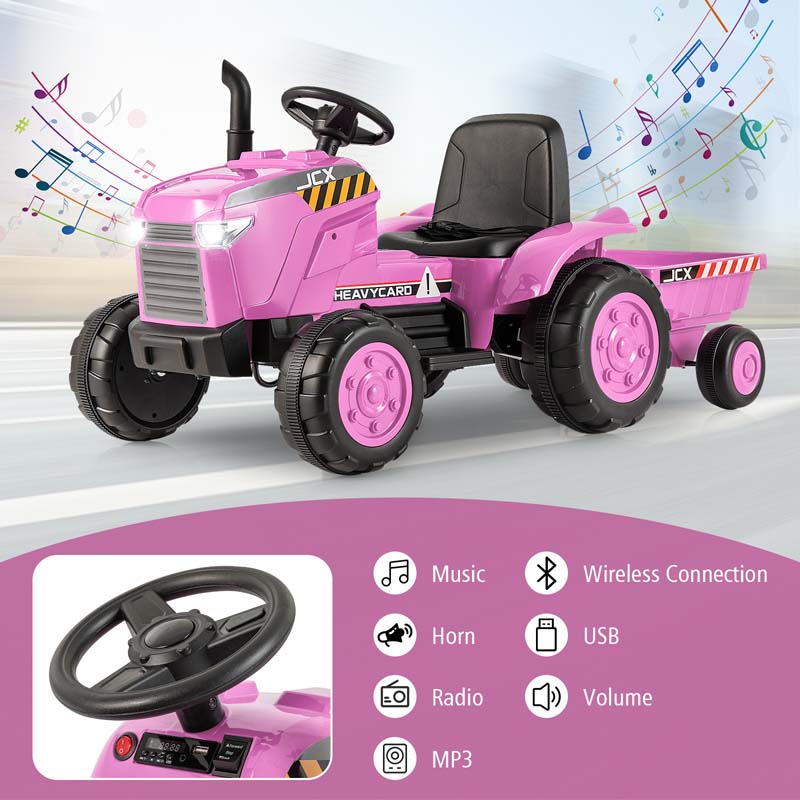 2-in-1 Kids Ride On Tractor, 12V Battery Powered Electric Toy Car with Trailer, LED Lights, Music, 3-Gear-Shift Ground Loader