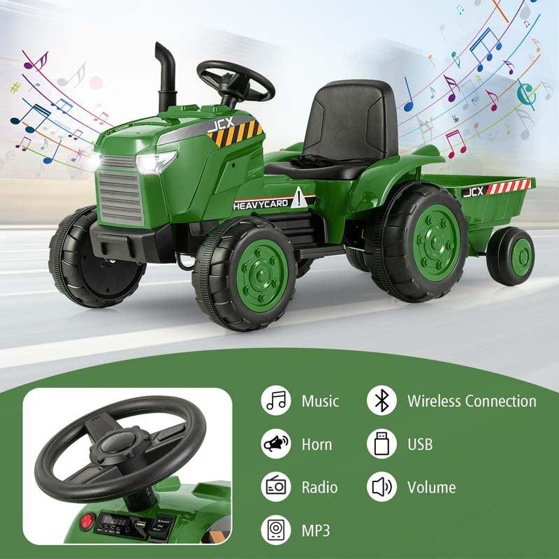 2-in-1 Kids Ride On Tractor, 12V Battery Powered Electric Toy Car with Trailer, LED Lights, Music, 3-Gear-Shift Ground Loader