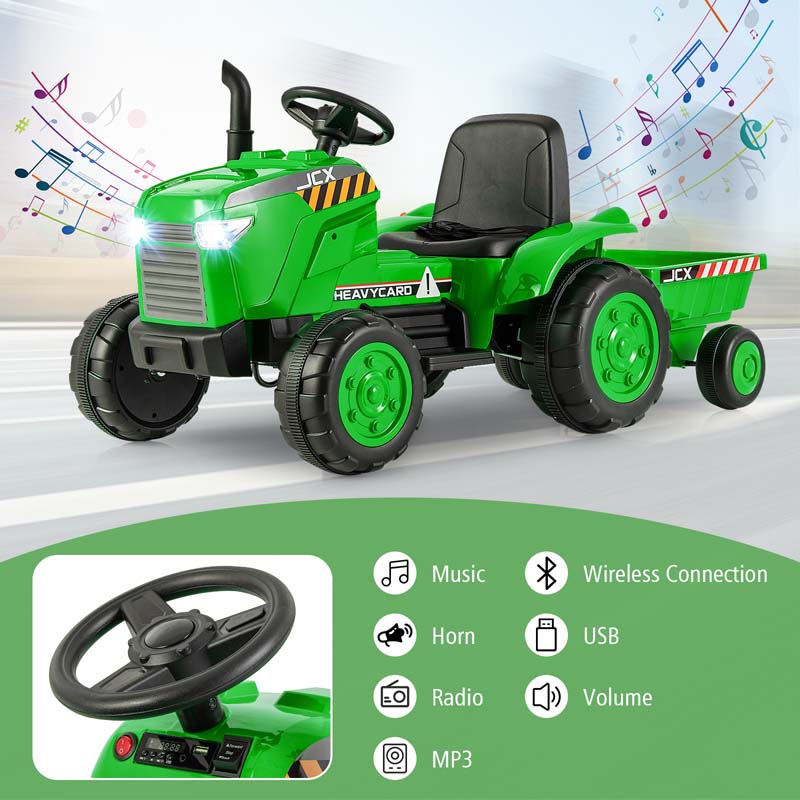 2-in-1 Kids Ride On Tractor, 12V Battery Powered Electric Toy Car with Trailer, LED Lights, Music, 3-Gear-Shift Ground Loader