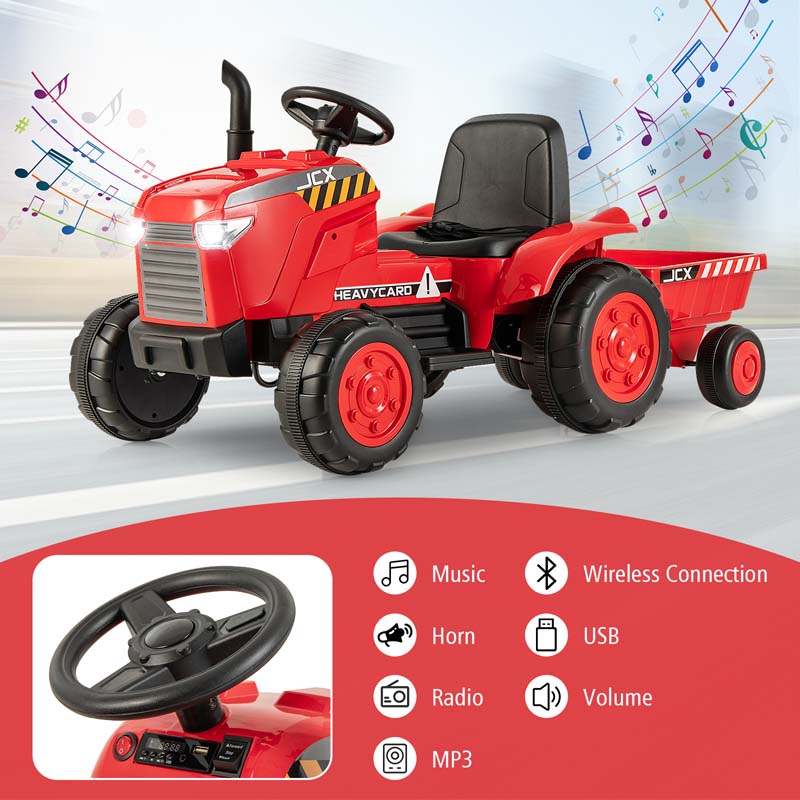 2-in-1 Kids Ride On Tractor, 12V Battery Powered Electric Toy Car with Trailer, LED Lights, Music, 3-Gear-Shift Ground Loader