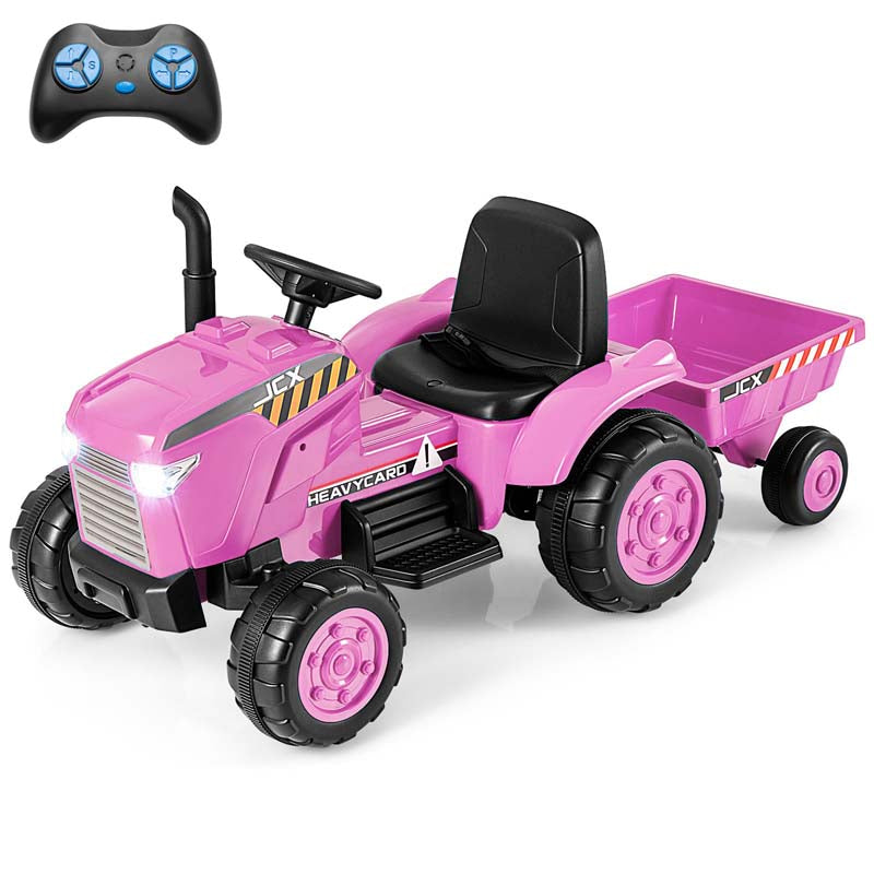 2-in-1 Kids Ride On Tractor, 12V Battery Powered Electric Toy Car with Trailer, LED Lights, Music, 3-Gear-Shift Ground Loader