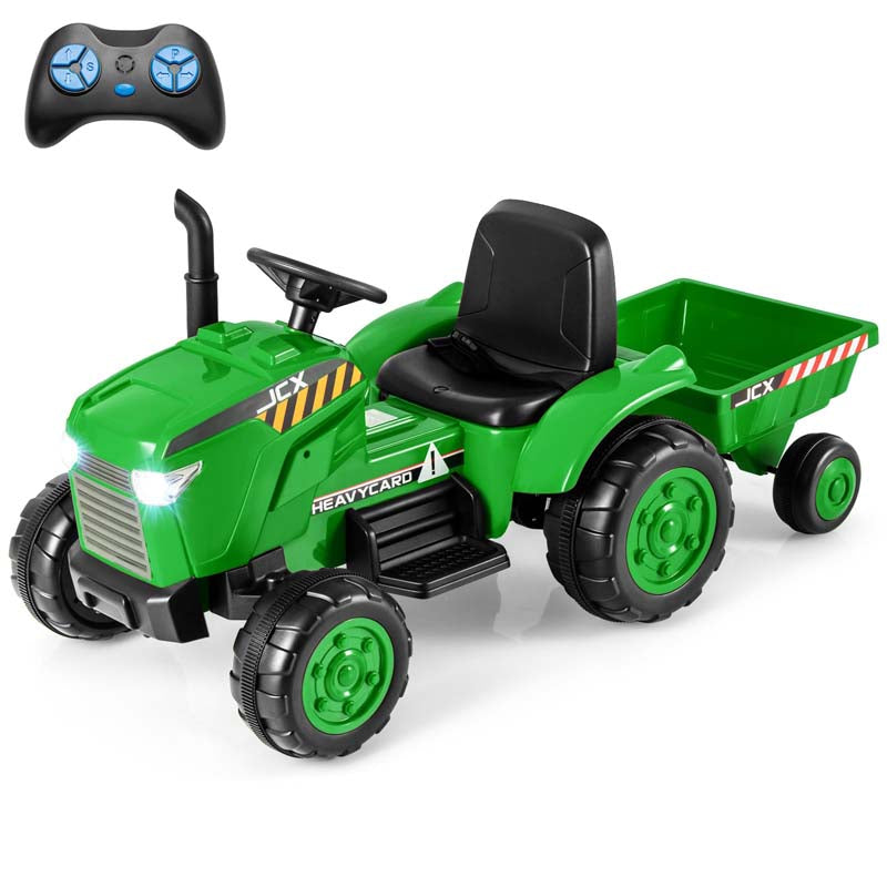 2-in-1 Kids Ride On Tractor, 12V Battery Powered Electric Toy Car with Trailer, LED Lights, Music, 3-Gear-Shift Ground Loader