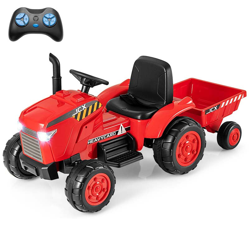 2-in-1 Kids Ride On Tractor, 12V Battery Powered Electric Toy Car with Trailer, LED Lights, Music, 3-Gear-Shift Ground Loader