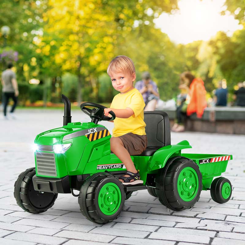 2-in-1 Kids Ride On Tractor, 12V Battery Powered Electric Toy Car with Trailer, LED Lights, Music, 3-Gear-Shift Ground Loader