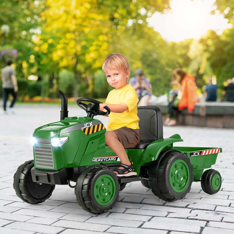 2-in-1 Kids Ride On Tractor, 12V Battery Powered Electric Toy Car with Trailer, LED Lights, Music, 3-Gear-Shift Ground Loader