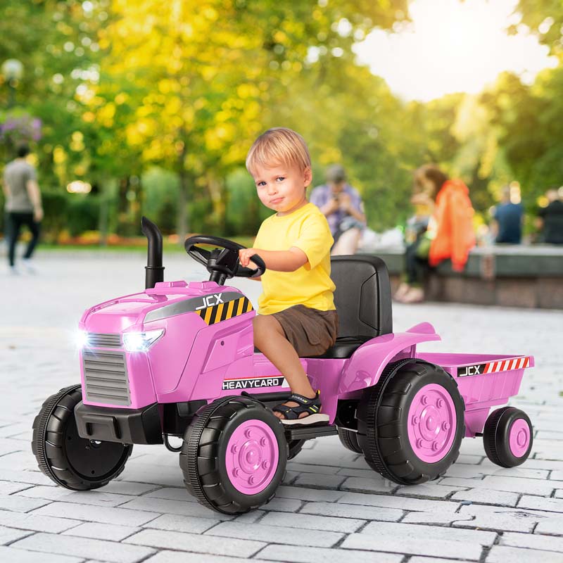 2-in-1 Kids Ride On Tractor, 12V Battery Powered Electric Toy Car with Trailer, LED Lights, Music, 3-Gear-Shift Ground Loader