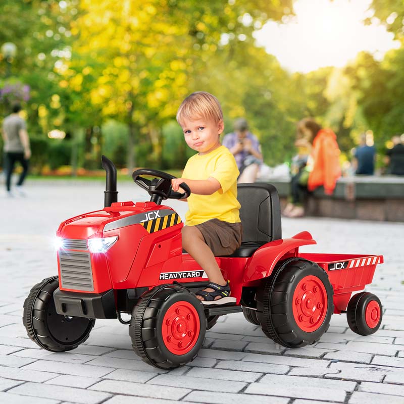 2-in-1 Kids Ride On Tractor, 12V Battery Powered Electric Toy Car with Trailer, LED Lights, Music, 3-Gear-Shift Ground Loader