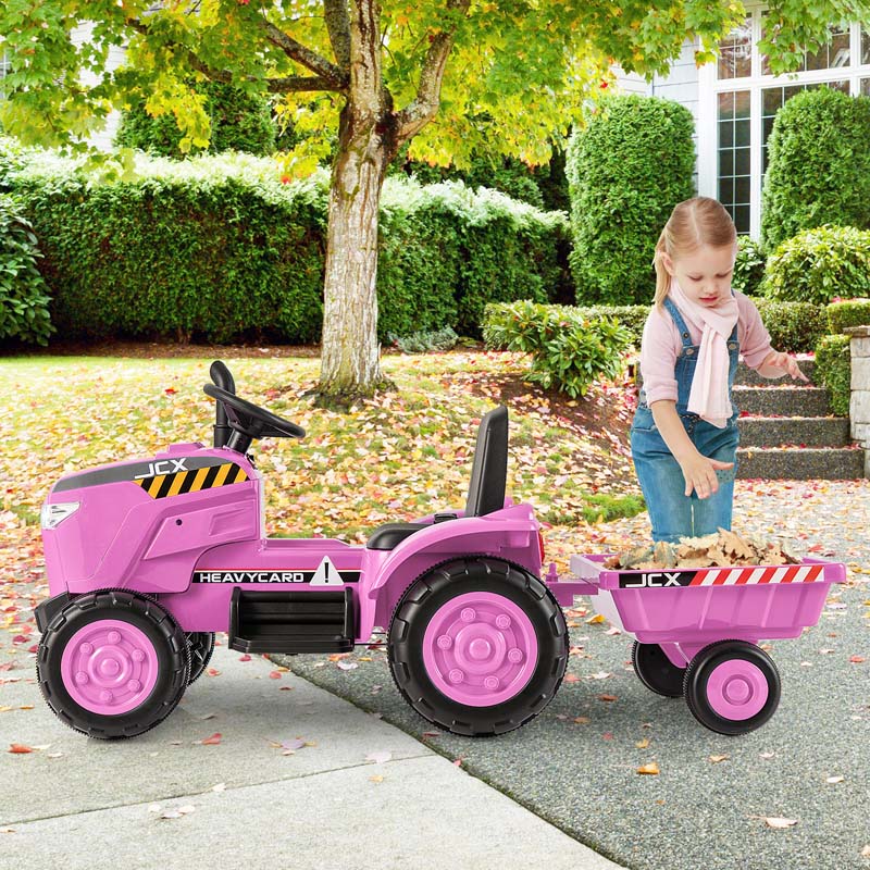 2-in-1 Kids Ride On Tractor, 12V Battery Powered Electric Toy Car with Trailer, LED Lights, Music, 3-Gear-Shift Ground Loader