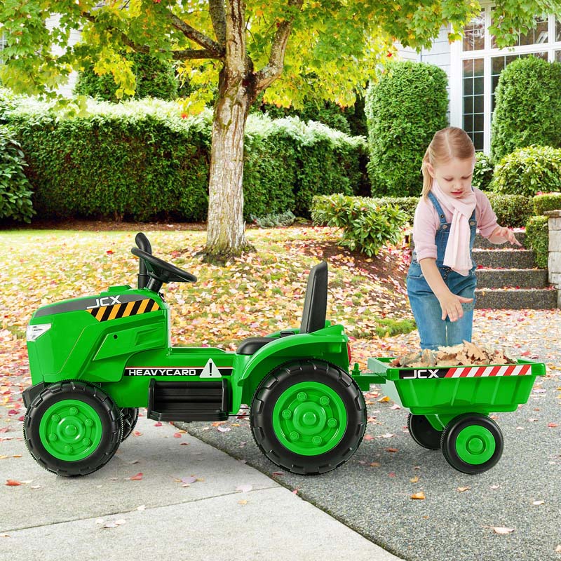 2-in-1 Kids Ride On Tractor, 12V Battery Powered Electric Toy Car with Trailer, LED Lights, Music, 3-Gear-Shift Ground Loader