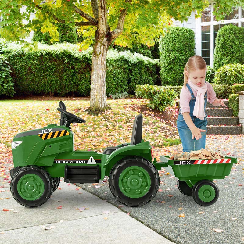 2-in-1 Kids Ride On Tractor, 12V Battery Powered Electric Toy Car with Trailer, LED Lights, Music, 3-Gear-Shift Ground Loader