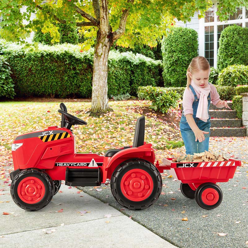2-in-1 Kids Ride On Tractor, 12V Battery Powered Electric Toy Car with Trailer, LED Lights, Music, 3-Gear-Shift Ground Loader