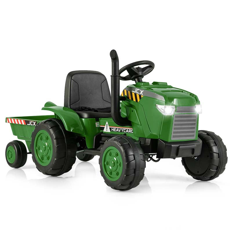 2-in-1 Kids Ride On Tractor, 12V Battery Powered Electric Toy Car with Trailer, LED Lights, Music, 3-Gear-Shift Ground Loader