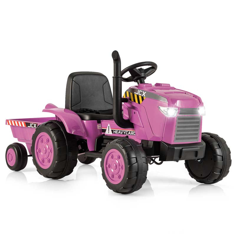 2-in-1 Kids Ride On Tractor, 12V Battery Powered Electric Toy Car with Trailer, LED Lights, Music, 3-Gear-Shift Ground Loader