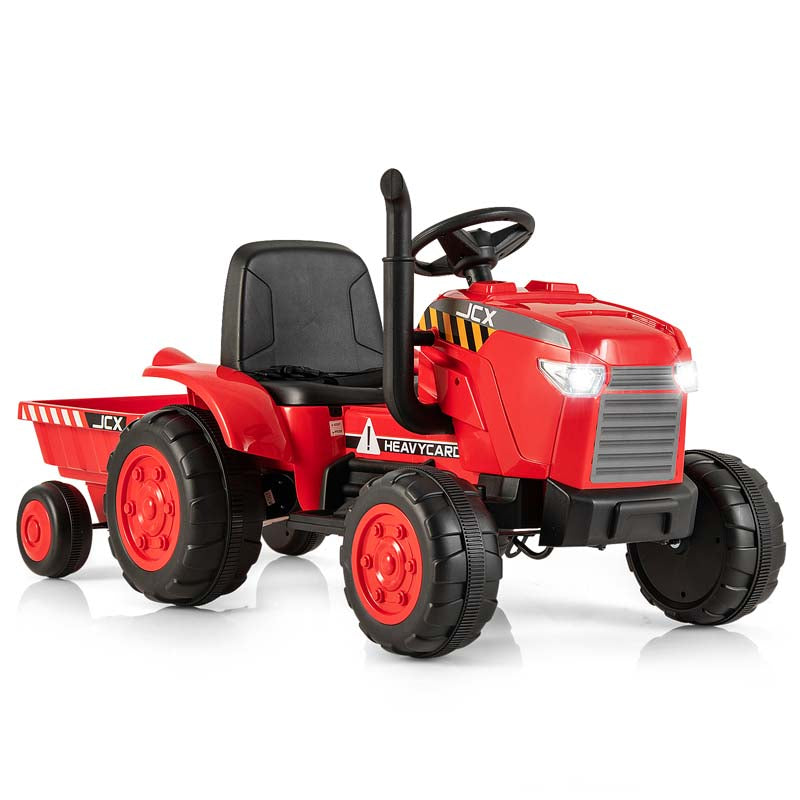 2-in-1 Kids Ride On Tractor, 12V Battery Powered Electric Toy Car with Trailer, LED Lights, Music, 3-Gear-Shift Ground Loader