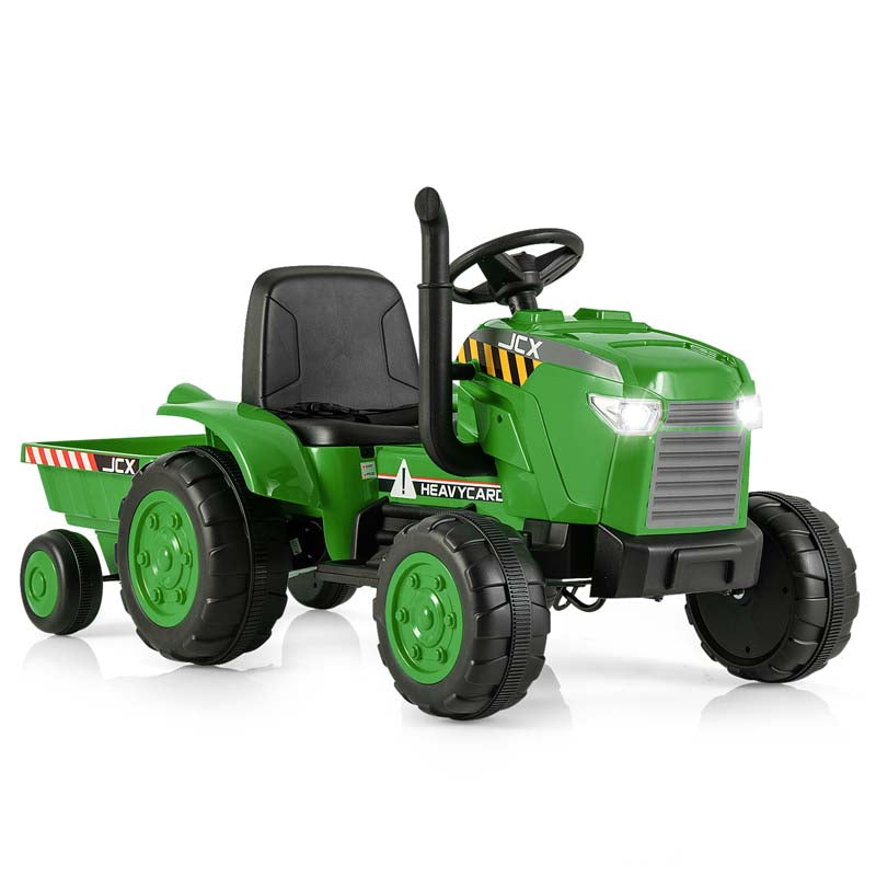 2-in-1 Kids Ride On Tractor, 12V Battery Powered Electric Toy Car with Trailer, LED Lights, Music, 3-Gear-Shift Ground Loader