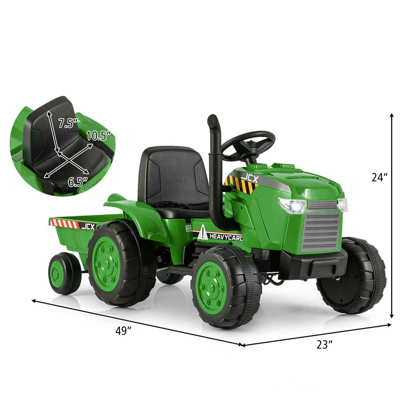 2-in-1 Kids Ride On Tractor, 12V Battery Powered Electric Toy Car with Trailer, LED Lights, Music, 3-Gear-Shift Ground Loader