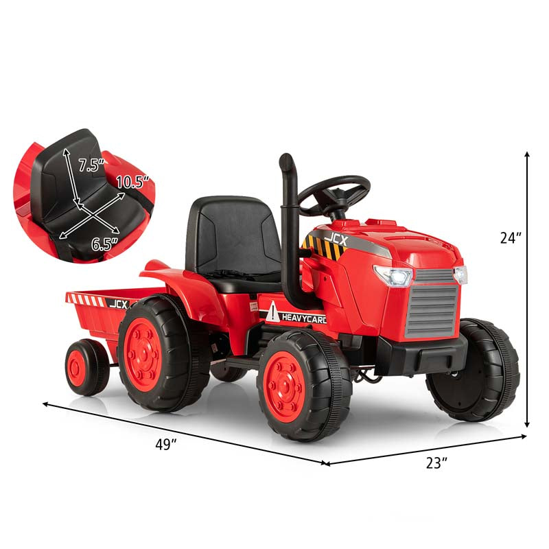 2-in-1 Kids Ride On Tractor, 12V Battery Powered Electric Toy Car with Trailer, LED Lights, Music, 3-Gear-Shift Ground Loader
