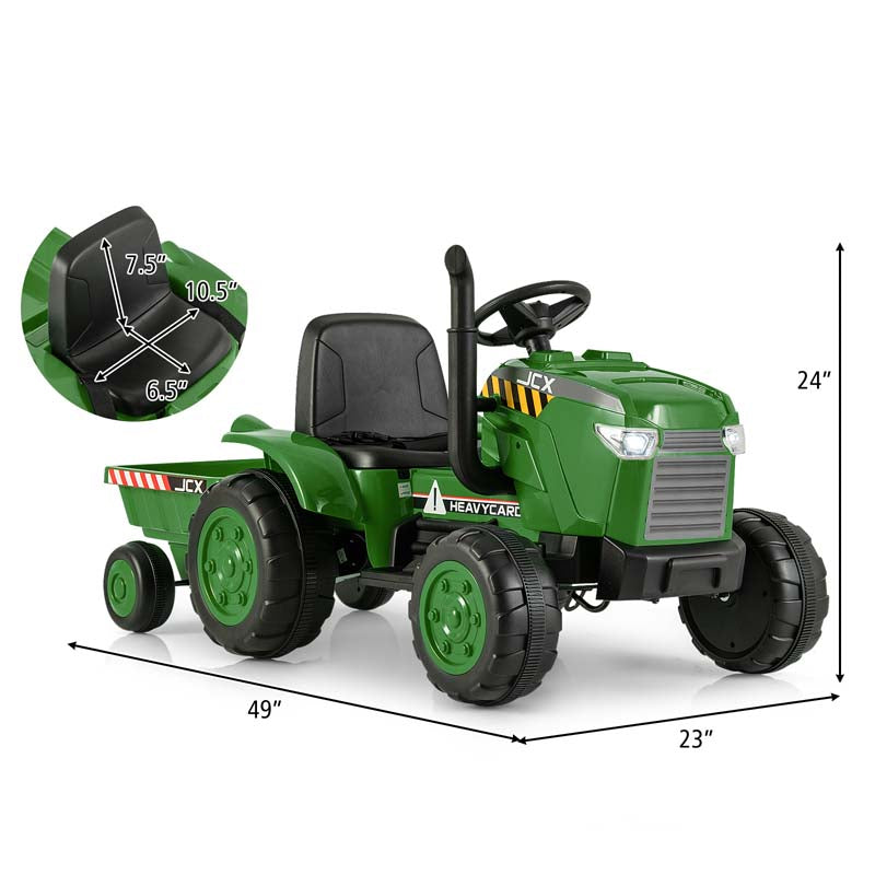 2-in-1 Kids Ride On Tractor, 12V Battery Powered Electric Toy Car with Trailer, LED Lights, Music, 3-Gear-Shift Ground Loader