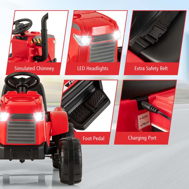 2-in-1 Kids Ride On Tractor, 12V Battery Powered Electric Toy Car with Trailer, LED Lights, Music, 3-Gear-Shift Ground Loader