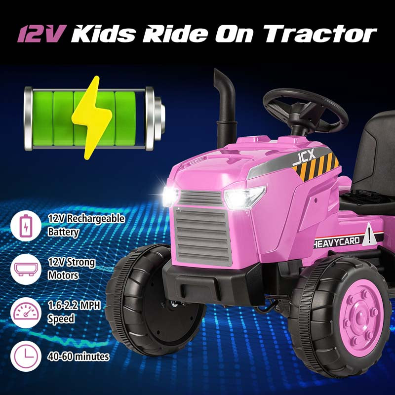 2-in-1 Kids Ride On Tractor, 12V Battery Powered Electric Toy Car with Trailer, LED Lights, Music, 3-Gear-Shift Ground Loader