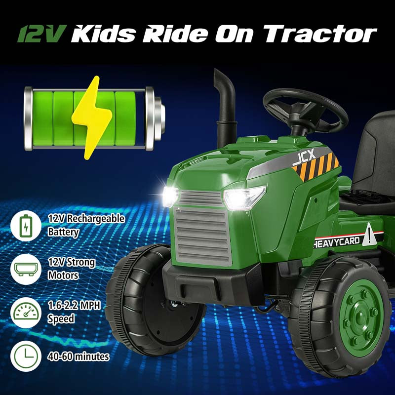 2-in-1 Kids Ride On Tractor, 12V Battery Powered Electric Toy Car with Trailer, LED Lights, Music, 3-Gear-Shift Ground Loader