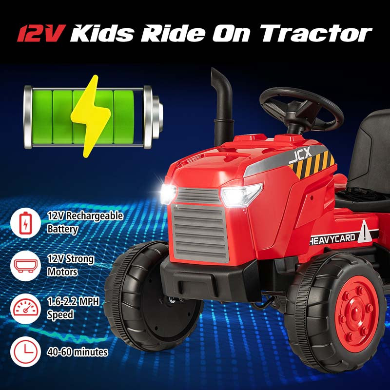 2-in-1 Kids Ride On Tractor, 12V Battery Powered Electric Toy Car with Trailer, LED Lights, Music, 3-Gear-Shift Ground Loader