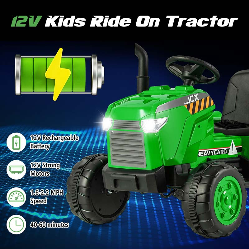 2-in-1 Kids Ride On Tractor, 12V Battery Powered Electric Toy Car with Trailer, LED Lights, Music, 3-Gear-Shift Ground Loader