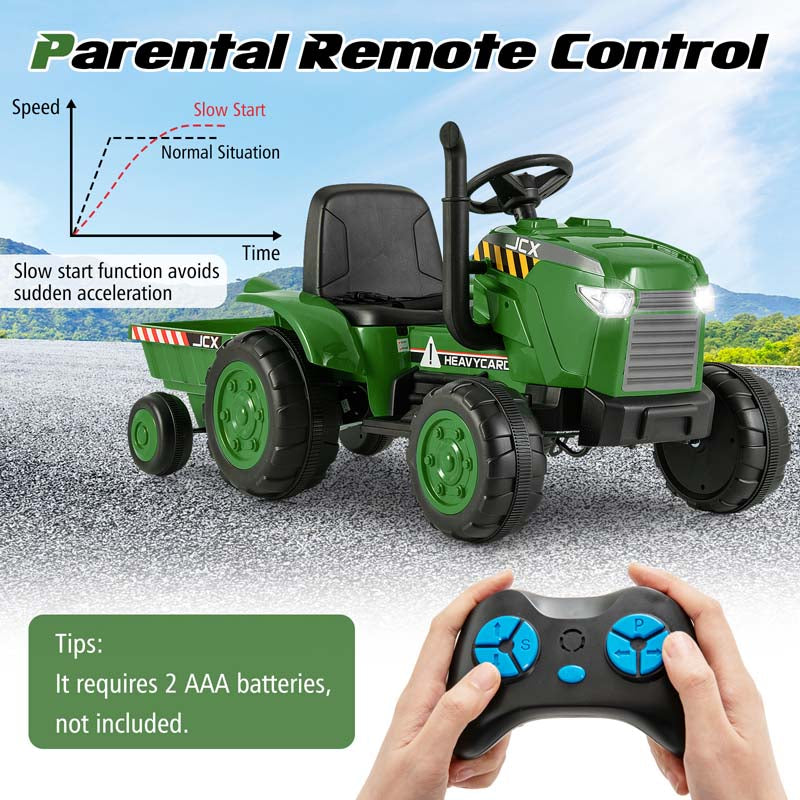 2-in-1 Kids Ride On Tractor, 12V Battery Powered Electric Toy Car with Trailer, LED Lights, Music, 3-Gear-Shift Ground Loader