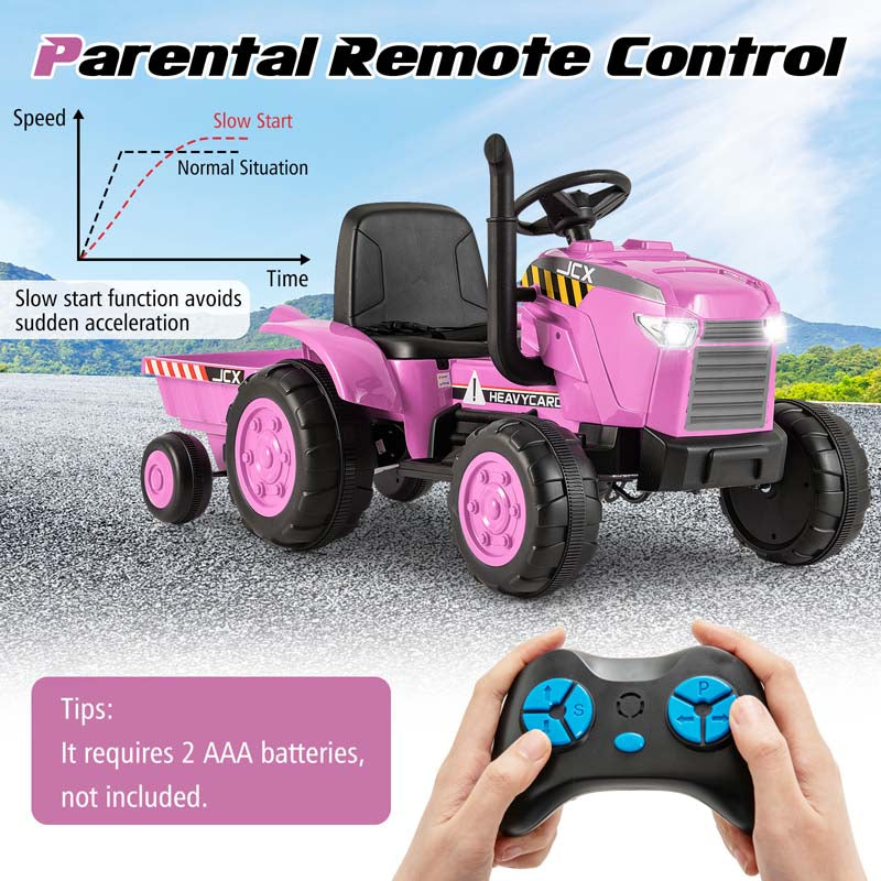 2-in-1 Kids Ride On Tractor, 12V Battery Powered Electric Toy Car with Trailer, LED Lights, Music, 3-Gear-Shift Ground Loader