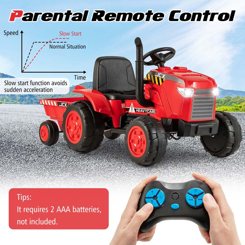 2-in-1 Kids Ride On Tractor, 12V Battery Powered Electric Toy Car with Trailer, LED Lights, Music, 3-Gear-Shift Ground Loader