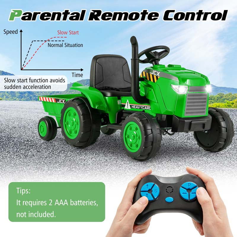 2-in-1 Kids Ride On Tractor, 12V Battery Powered Electric Toy Car with Trailer, LED Lights, Music, 3-Gear-Shift Ground Loader