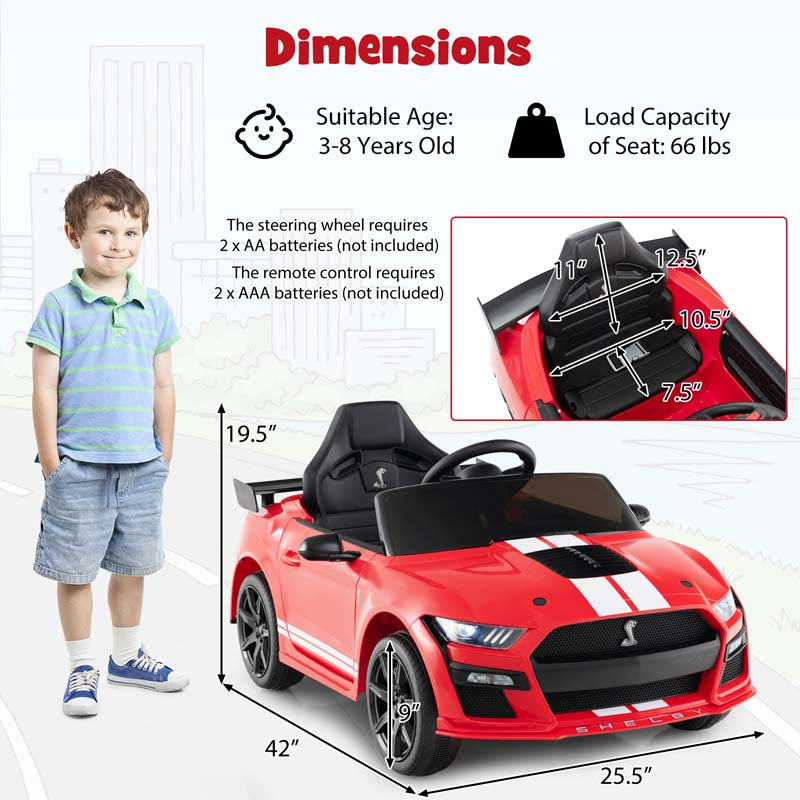 12V Kids Ride-On Car, Licensed Ford Mustang Shelby GT500 Electric Vehicle Racing Car with Remote Control, 2 Speeds & LED Lights for Ages 3-8