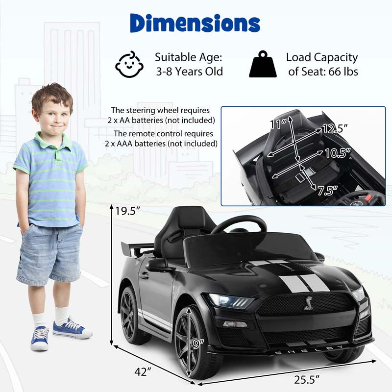 12V Kids Ride-On Car, Licensed Ford Mustang Shelby GT500 Electric Vehicle Racing Car with Remote Control, 2 Speeds & LED Lights for Ages 3-8
