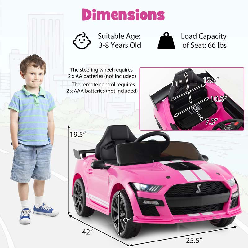 12V Kids Ride-On Car, Licensed Ford Mustang Shelby GT500 Electric Vehicle Racing Car with Remote Control, 2 Speeds & LED Lights for Ages 3-8