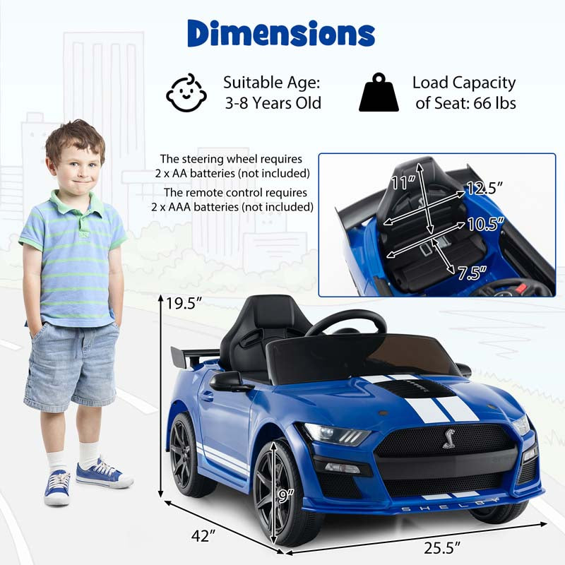 12V Kids Ride-On Car, Licensed Ford Mustang Shelby GT500 Electric Vehicle Racing Car with Remote Control, 2 Speeds & LED Lights for Ages 3-8