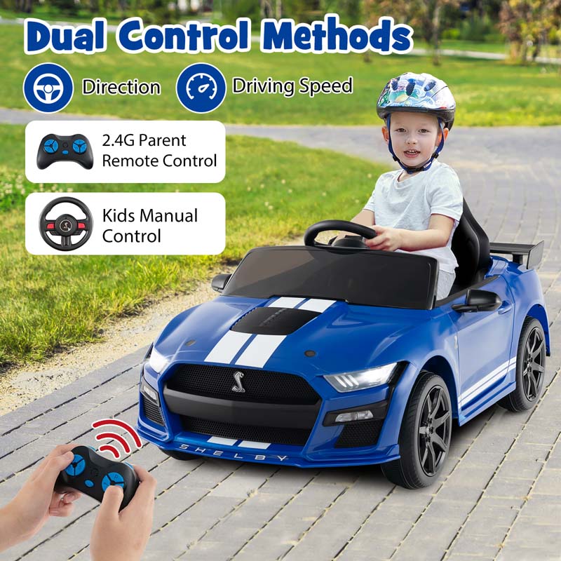 12V Kids Ride-On Car, Licensed Ford Mustang Shelby GT500 Electric Vehicle Racing Car with Remote Control, 2 Speeds & LED Lights for Ages 3-8