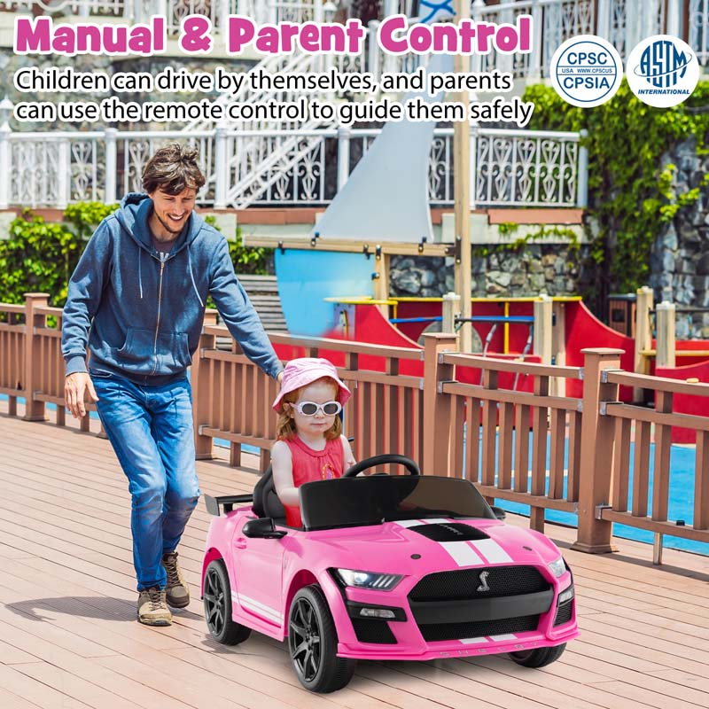 12V Kids Ride-On Car, Licensed Ford Mustang Shelby GT500 Electric Vehicle Racing Car with Remote Control, 2 Speeds & LED Lights for Ages 3-8