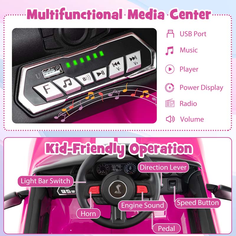 12V Kids Ride-On Car, Licensed Ford Mustang Shelby GT500 Electric Vehicle Racing Car with Remote Control, 2 Speeds & LED Lights for Ages 3-8
