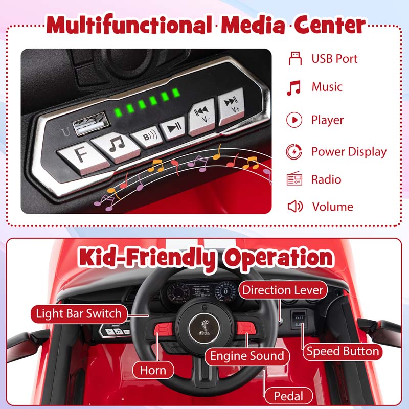 12V Kids Ride-On Car, Licensed Ford Mustang Shelby GT500 Electric Vehicle Racing Car with Remote Control, 2 Speeds & LED Lights for Ages 3-8