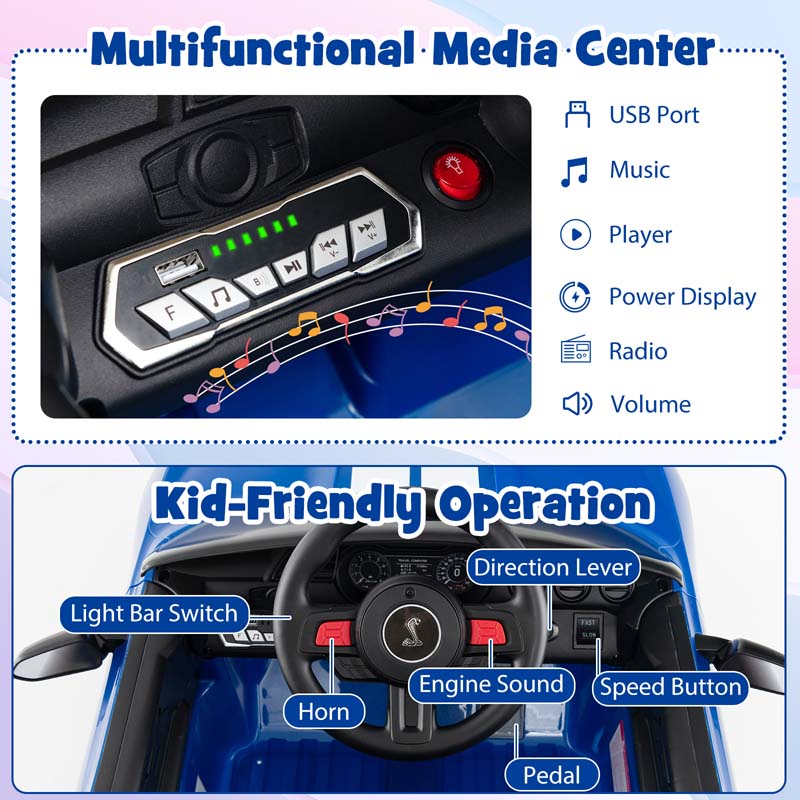 12V Kids Ride-On Car, Licensed Ford Mustang Shelby GT500 Electric Vehicle Racing Car with Remote Control, 2 Speeds & LED Lights for Ages 3-8