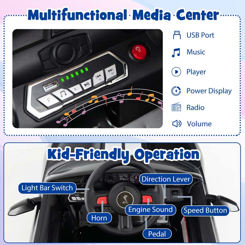 12V Kids Ride-On Car, Licensed Ford Mustang Shelby GT500 Electric Vehicle Racing Car with Remote Control, 2 Speeds & LED Lights for Ages 3-8