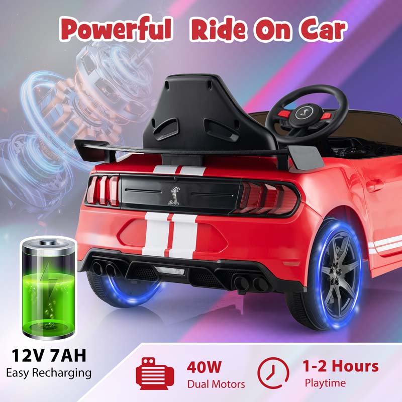 12V Kids Ride-On Car, Licensed Ford Mustang Shelby GT500 Electric Vehicle Racing Car with Remote Control, 2 Speeds & LED Lights for Ages 3-8