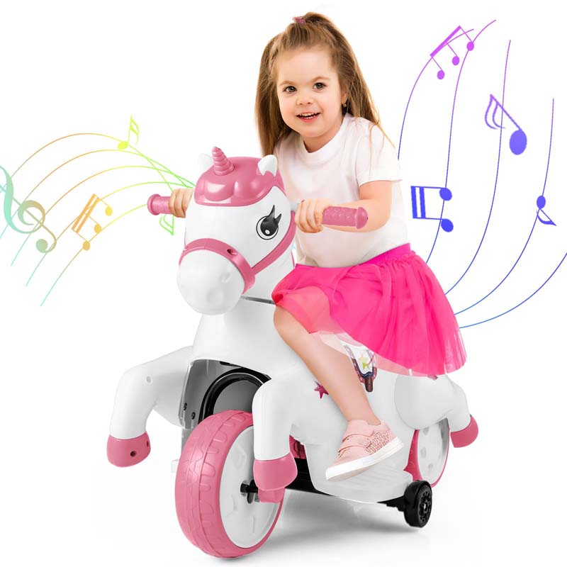 12V Unicorn Ride on Toy with Training Wheels & Horse Riding Mode, 3-Wheeler Battery Powered Motorized Electric Ride on Pony Toy Car for Kids