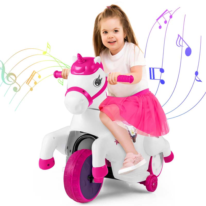 12V Unicorn Ride on Toy with Training Wheels & Horse Riding Mode, 3-Wheeler Battery Powered Motorized Electric Ride on Pony Toy Car for Kids